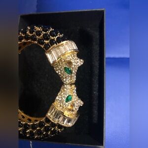 Natasha couture pave black onyx‎  green eyed serpent clasp bracelet bangle new